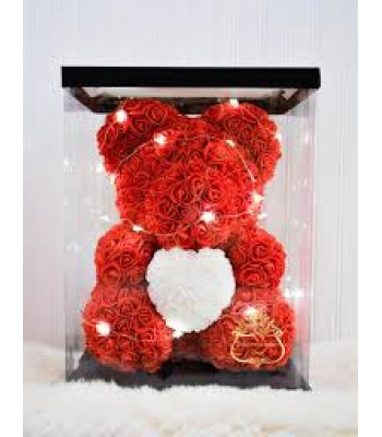 Kvepiantis meškiukas iš rožių su širdele ir LED lemputėmis 30cm