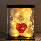 Kvepiantis meškiukas iš rožių su LED lemputėmis 40cm širdele ir dėžute