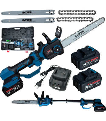 Akumuliatorinis grandininis pjūklas su dviem 12 colių šinomis ir teleskopiniu kotu BOXER BX-3439