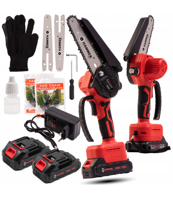 Akumuliatorinis grandininis pjūklas 6'' šina su grandinės tepimu ir 2vnt akumuliatoriais 24V HAMMER HS-106