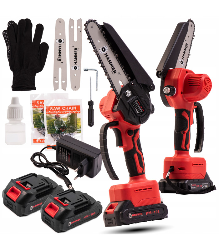 Akumuliatorinis grandininis pjūklas 6'' šina su grandinės tepimu ir 2vnt akumuliatoriais 24V HAMMER HS-106