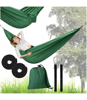 Turistinis hamakas su metaliniais karabinais ir tvirtinimo virvėmis, 260 x 140 cm, žalias