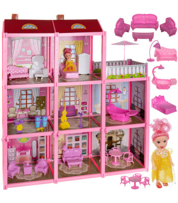 Lėlių namelis Iso Trade 3 aukštų su balkonu + lėlė + 22 baldai
