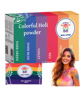 spalvotų holi miltelių rinkinys 6 x 100 g holi cow