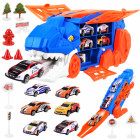 Žaislinis dinozauro formos autovežis su trasa, paleidimo įtaisu ir 6 automobiliukais – T-Rex, 32 x 11,5 x 12,5 cm