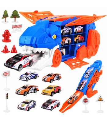 Žaislinis dinozauro formos autovežis su trasa, paleidimo įtaisu ir 6 automobiliukais – T-Rex, 32 x 11,5 x 12,5 cm