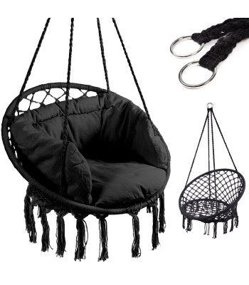Erškėčių lizdas fotelis supynės su atlošu juodas 80cm + pagalvėlės
