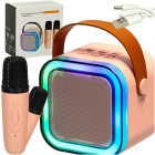 Karaoke rinkinys su 2 mikrofonais ir nešiojamuoju Bluetooth USB LED garsiakalbiu, rožinis