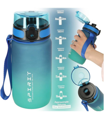 Sportinis gėrimo butelis su šiaudeliu ir rankena, 600 ml, mėlynai žalias