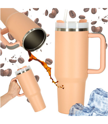 Termo puodelis su šiaudeliu ir laikikliu 1200 ml rožinis