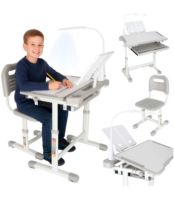 Reguliuojamas vaikiškas rašomasis stalas su LED lempute ir kėde pilkas