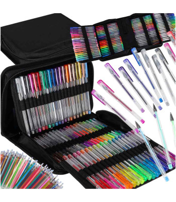 100 Spalvotų Gelinių Rašiklių Rinkinys su Etui + 100 Įdėklų