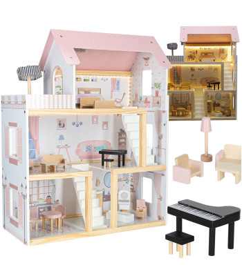 Medinis lėlių namelis su baldais ir LED apšvietimu