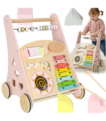 Vaikiškas medinis stumdukas su skaičiuokle rožinis