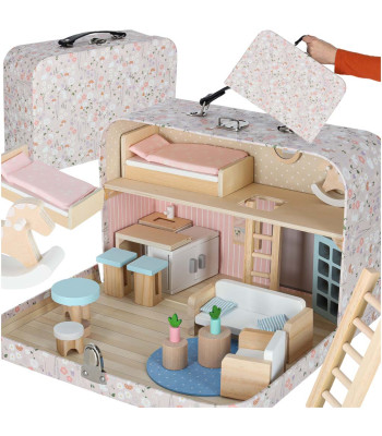 Lėlių namelis lagamine su mediniais baldais