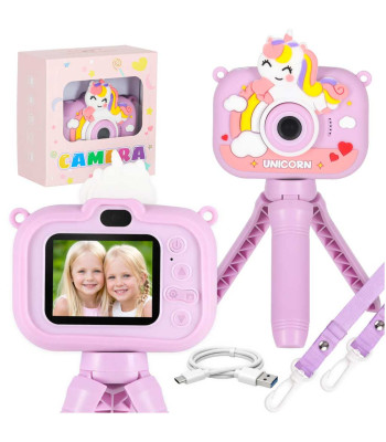 Vaikiškas skaitmeninis fotoaparatas su vienaragio stovu, violetinis