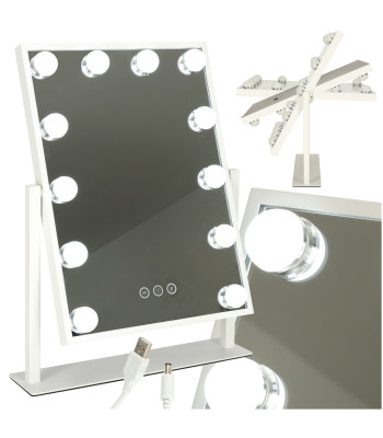 Kosmetinis LED makiažo veidrodis su 12 LED lemputėmis, pastatomas, USB, baltas, 30 x 40 cm