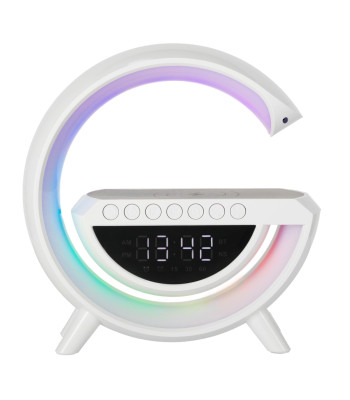 LED RGB lempa su belaidžiu įkrovikliu, radiju, žadintuvu ir laikrodžiu