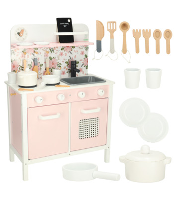 Medinė MDF virtuvėlė vaikams su priedais, rožinė – LULILO FLORA, 82 cm