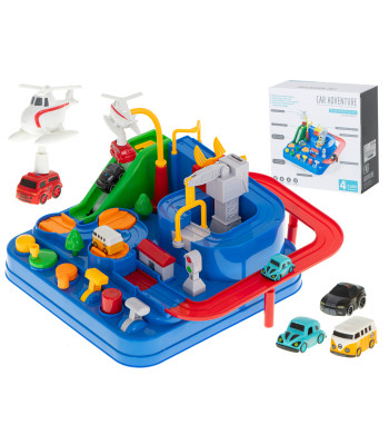 Interaktyvi automobilių kliūčių trasa su garažu ir 4 transporto priemonėmis, XL, 24x24cm