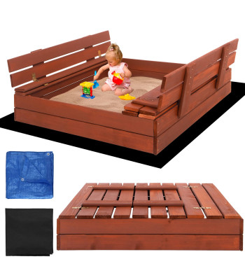 Uždara smėlio dėžė su suolais Springos SBP100SET04 100×100 cm impregnuotos medienos, su geotekstile ir plėve, ruda