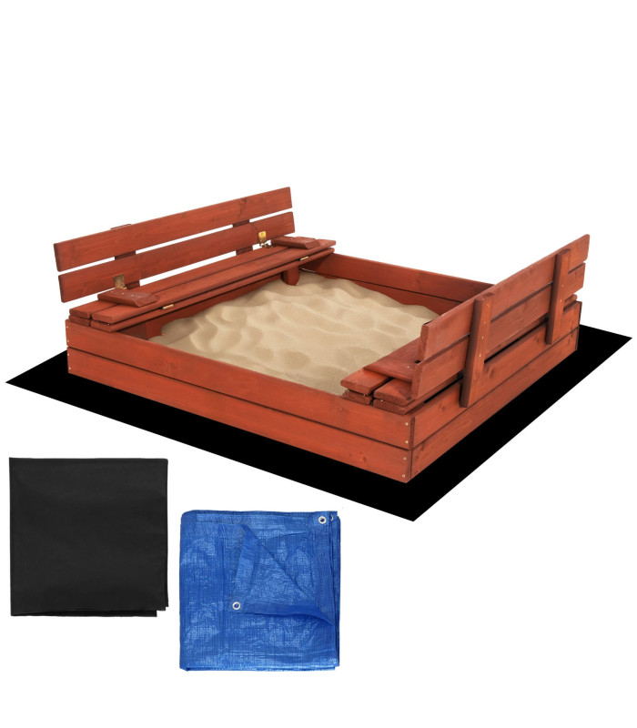 Uždara smėlio dėžė su suolais Springos SBP120SET02 120x120 cm impregnuota mediena, su plėve ir pagrindo danga