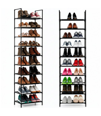 Metalinė batų lentyna, 10 lygių, vertikali batų spintelė 178 cm juoda