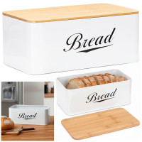 Metalinė duonos dėžė 33x18x14 cm su bambuko dangčiu, balta