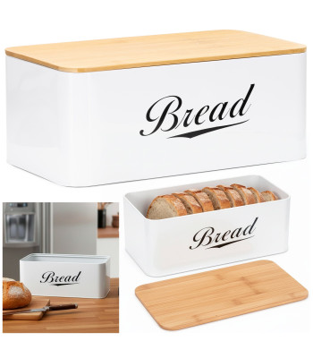 Metalinė duonos dėžė 33x18x14 cm su bambuko dangčiu, balta
