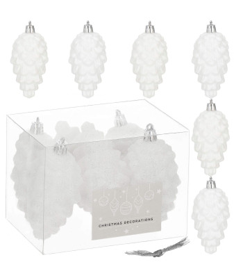 Kalėdiniai kūgių formos pakabukai 6 vnt. Kalėdinės eglutės papuošimai 9,5 cm balti blizgantys rutuliai