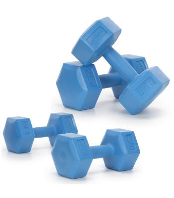 2 x 2,5 kg šešiakampiai hanteliai kūno rengybos pratimams, 2 vnt. rinkinys, mėlyni
