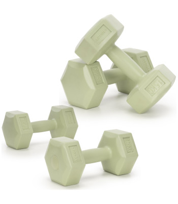 2 x 1,5 kg šešiakampiai hanteliai kūno rengybos pratimams, 2 žali svarmenų rinkinys