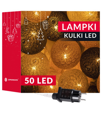 Cotton balls Springos CL0155, 50 LED, dekoratyvinė girlianda, elektrinė, grafito ir balta