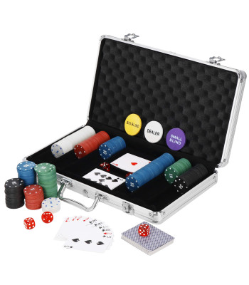 Pokerio komplektas, 300 žetonų, kortos, žaidimo kilimėlis, kauliukai, lagaminas Springos KG0022