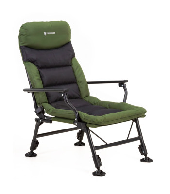 Sulankstoma žvejybos ir kempingo kėdė su lentynėle, tamsiai žalia / juoda, iki 180 kg, Springos® CS0189