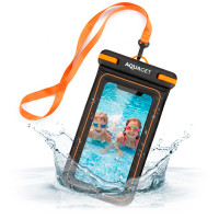 Plūduriuojantis vandeniui atsparus telefono dėklas su dviem skyreliais ir kaklo virvele, IPX8, TPU, oranžinis / juodas / skaidrus – Aquaget® AQ0027