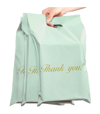 Mėtų spalvos kurjeriniai maišeliai su rankena 310x420+70 mm 50 vnt. "Thank You" užrašu