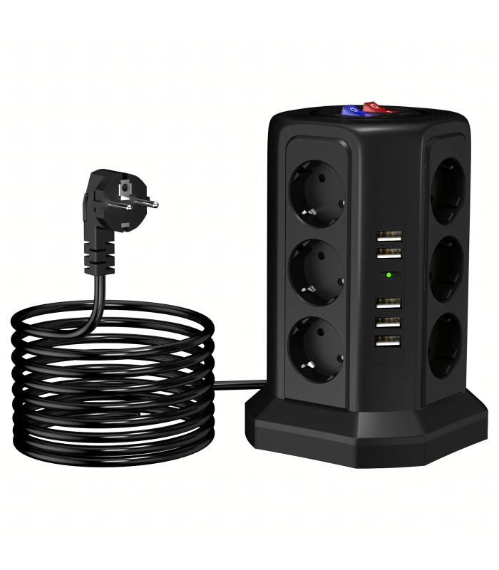Stovinti Apsauginė Maitinimo Juosta 12 Lizdų + 5 USB Prievadai Reset