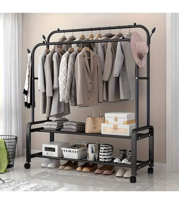 Dvigubas daugiafunkcis stovimas drabužių ir batų stovas su ratukais