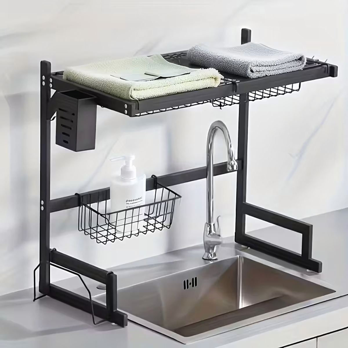 Dviejų lygių indų džiovyklė su laikikliu lentynai