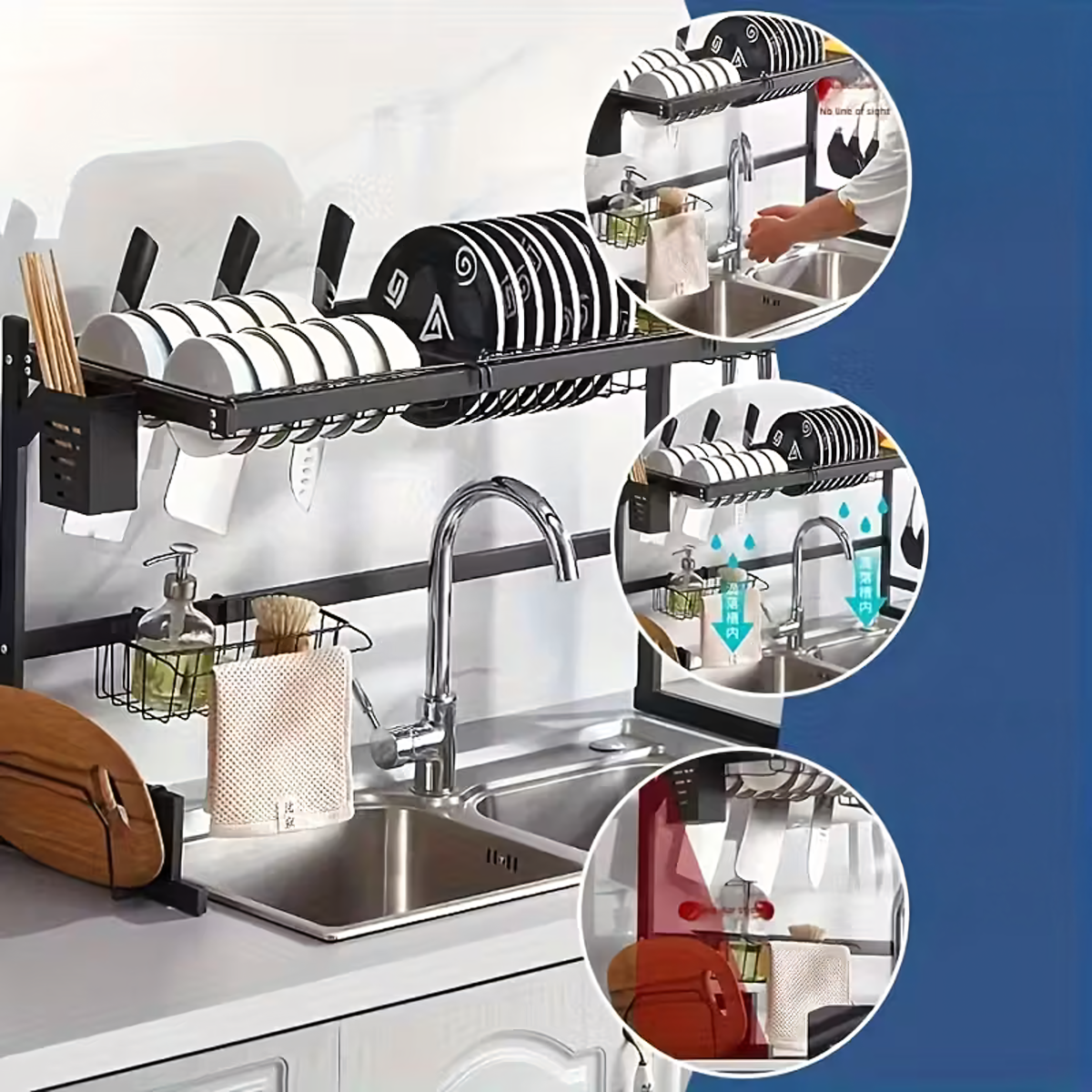 Dviejų lygių indų džiovyklė su laikikliu lentynai