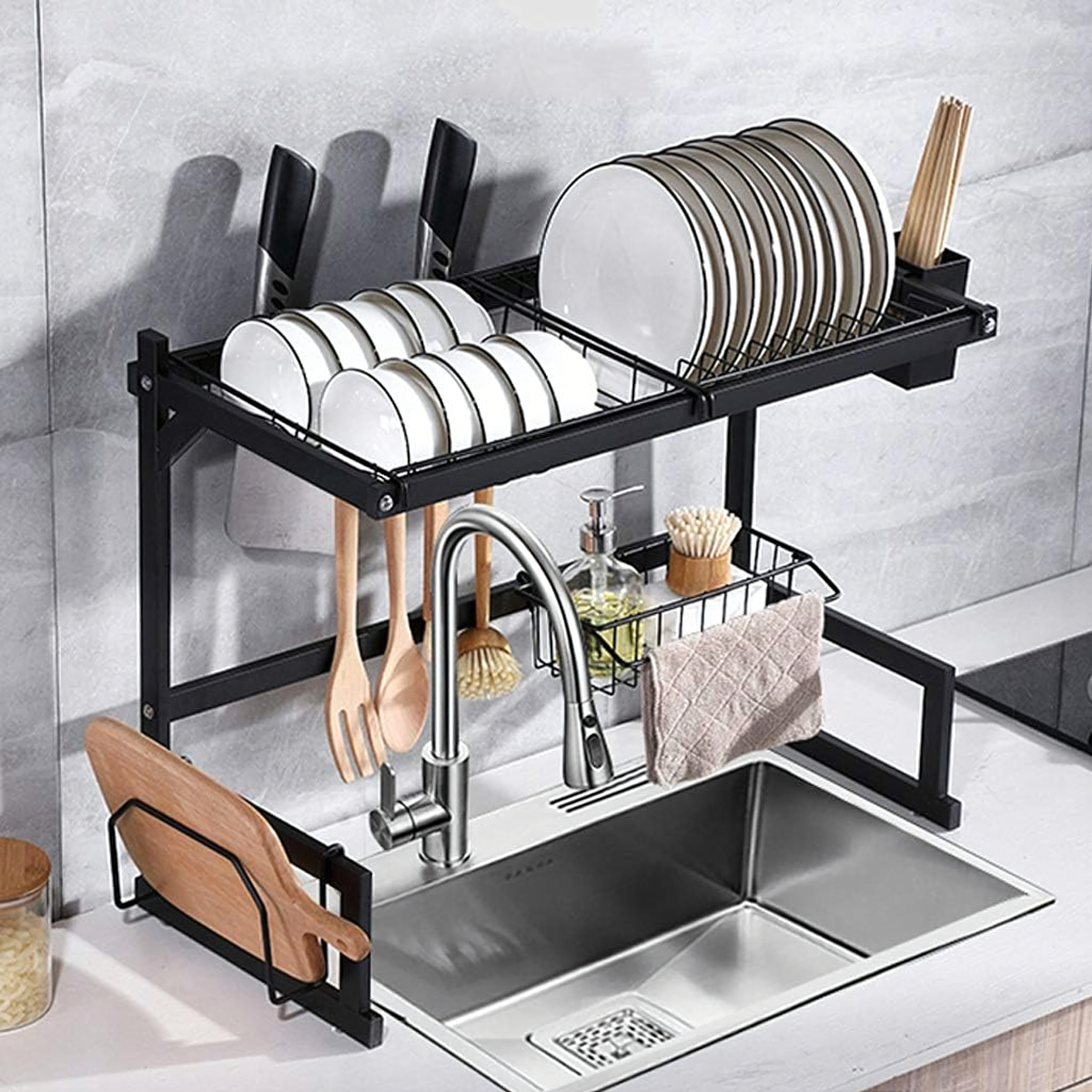 Dviejų lygių indų džiovyklė su laikikliu lentynai