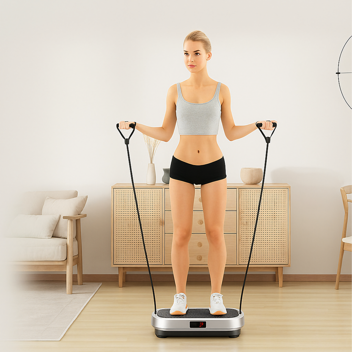 Vibracinė treniruočių ir masažo platforma su nuotoliniu valdymu ir diržais, 150 kg