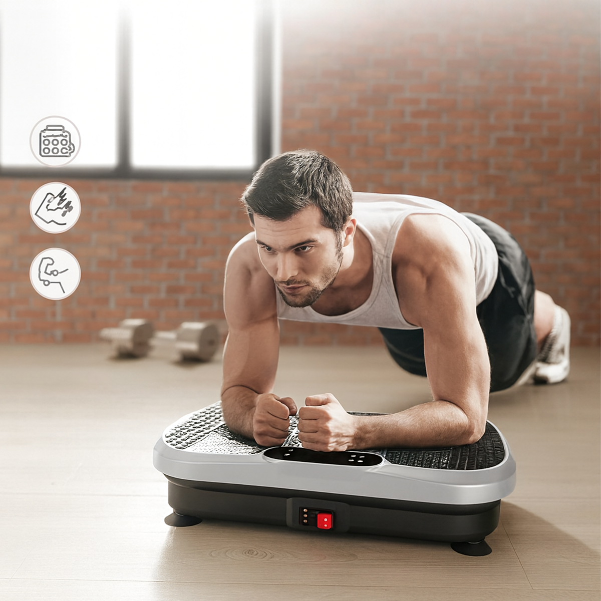 Vibracinė treniruočių ir masažo platforma su nuotoliniu valdymu ir diržais, 150 kg