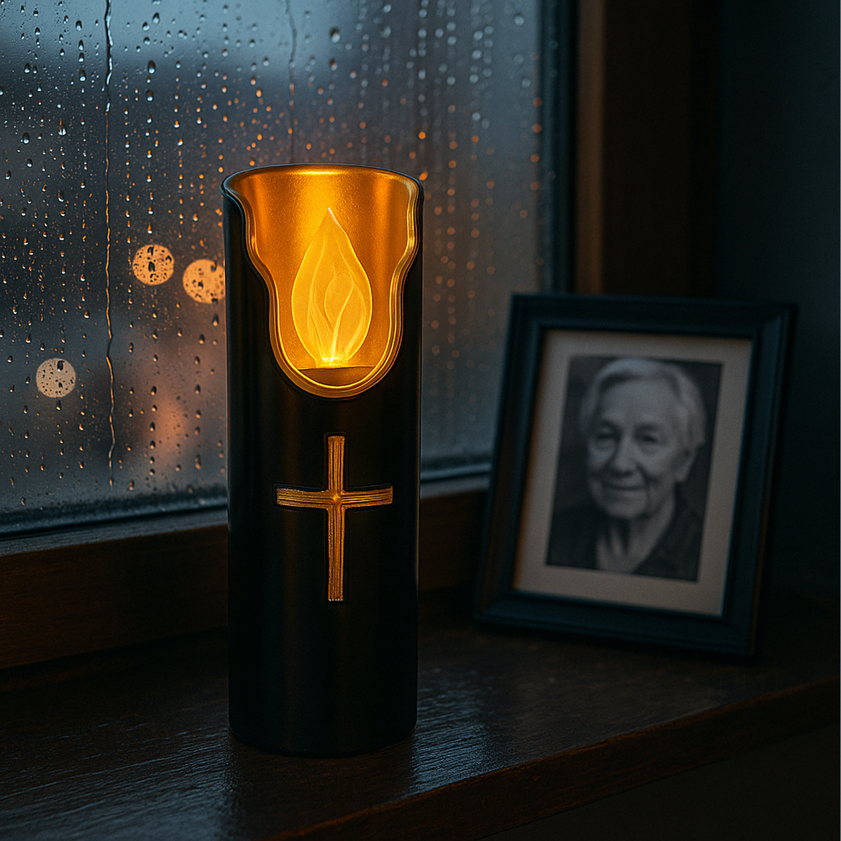 LED žvakė ant baterijų juoda blizgesio efektas 15cm įdėklas į žibintus