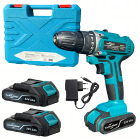 Galingas akumuliatorinis grąžtas su dviem akumuliatoriais ir dėže