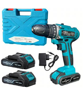 Galingas akumuliatorinis grąžtas su dviem akumuliatoriais ir dėže