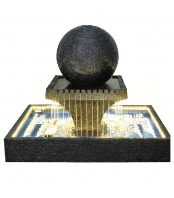 Didelis sodo vandens fontanas su rutuliu 140 x 140 x 120 cm, terasos dekoracija su LED