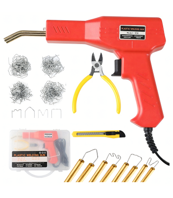plastiko suvirinimo rinkinys su kabių suvirintuvu, lituokliu, kabėmis ir replėmis
