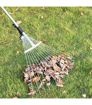 Metalinis vėduoklinis sodo grėblys lapams ir žolei su reguliuojamu kotu